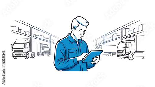 A man in blue work attire uses a tablet in a warehouse setting surrounded by trucks and storage shelves. The design is a digital illustration