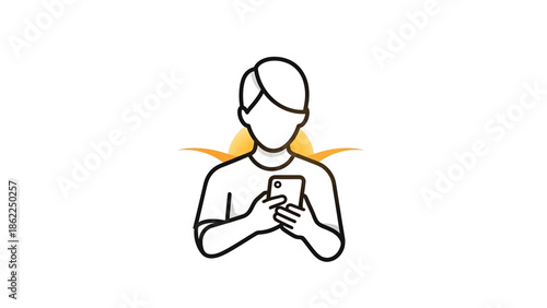 A linear image of a person holding a phone against a gradient yellow-orange background, with sunlight-like elements.  The figure has simplistic details