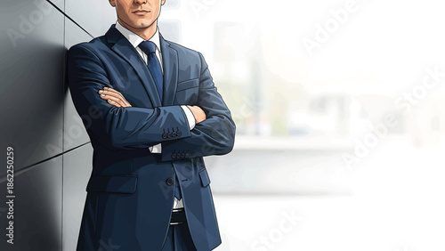A man in a tailored blue suit stands confidently with folded arms. He leans against a wall, in a professional business setting. The image is rendered with a simple graphic style
