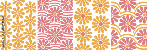 Set of colorful retro floral seamless patterns with pink and orange daisy flowers and groovy wavy lines for summer textile designs on transparent background
