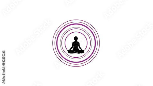 A meditative figure in a seated position within concentric circles, on a clean, white background, depicting inner peace and focus