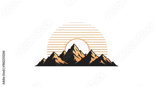 A mountain range silhouette in dark tones with an orange gradient. The sun is represented as a stylized, circular element