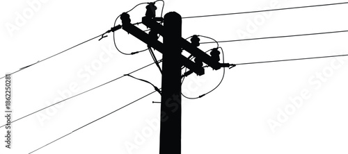 Electric utility power pole vector illustration with transformer insulators and overhead wires isolated on white background industrial electricity infrastructure