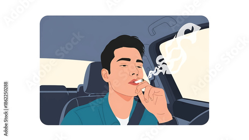 A man seated in a car, mid-smoke. The illustration shows a man smoking a cigarette inside his car, with a seatbelt visible