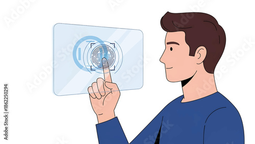 A man touches a glowing, transparent screen displaying a fingerprint scanner. He has dark hair, blue clothing, and a neutral expression