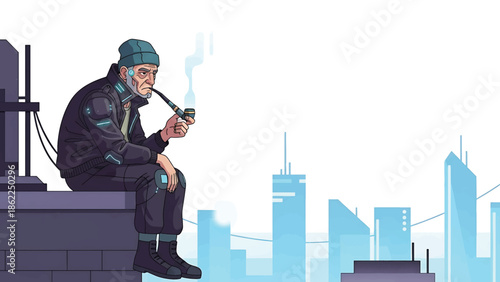 A man wearing futuristic clothing and beanie smokes a pipe atop a building, overlooking a distant city in blue. Wires connect the man's jacket