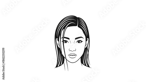 A minimalist illustration of a woman's face, facing forward with a neutral expression. Black lines on white. The hair has loose strands