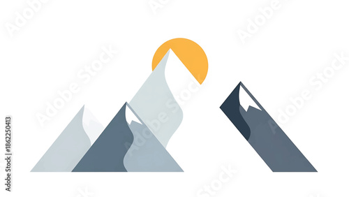A minimalist illustration of mountain peaks with snow caps, a golden sun, and a textured, grainy effect on a plain white backdrop