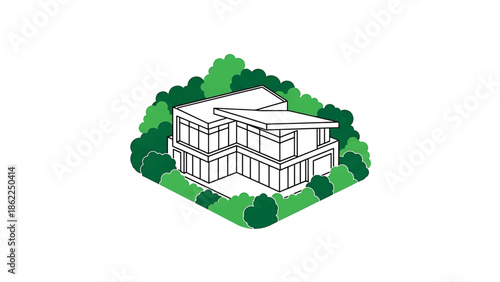 A modern two-story home with a contemporary design and large windows, surrounded by green foliage, in a minimalist style