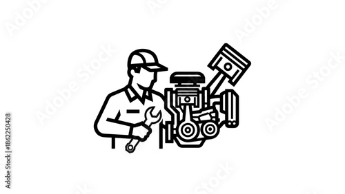 A mechanic in uniform holds a wrench, looking at an engine in a black and white outlined illustration, symbolizing car repair
