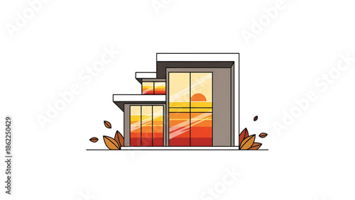 A modern, two-story house illustration with large windows reflecting a vibrant sunset, decorated with autumn leaves in a minimalist style