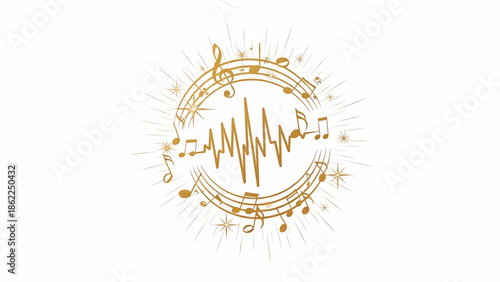 A musical themed design with musical notes and sound waves, radiating with gold starbursts, on a clean, bright white background