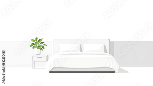 A minimalist bedroom design features a crisp white bed, nightstand with plant, and subtle textures on the walls