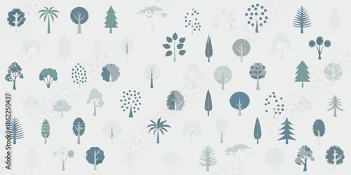 A collection of stylized trees in varying shades of blue and green