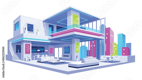 A modern, two-story structure with a flat roof, large windows, and a balcony. Stylized city elements in the background. Interior shows contemporary design