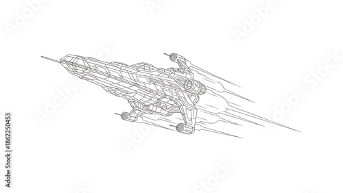 A linear perspective illustration of a fictional space vehicle soaring through an empty, white void. The detailed craft conveys motion