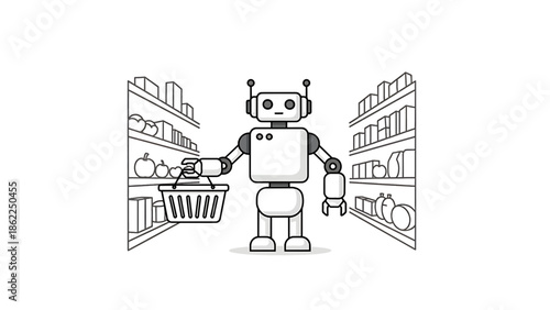 A mechanical figure with a basket shops in a market, shelves are on either side of a corridor. Fruits and products are displayed