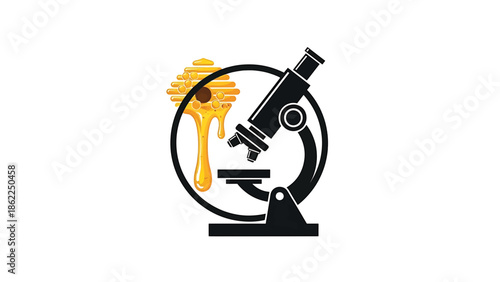 A modern vector illustration featuring a microscope with a stylized dripping honey-comb. The illustration uses contrasting black and yellow
