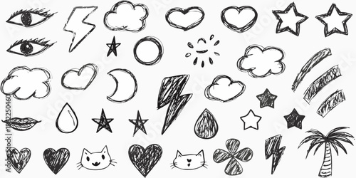 Hand drawn doodles of hearts stars eyes and other whimsical shapes