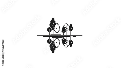 A minimalist illustration of trees reflected in water. The design uses simple lines and shapes to depict a natural scene, creating a sense of tranquility