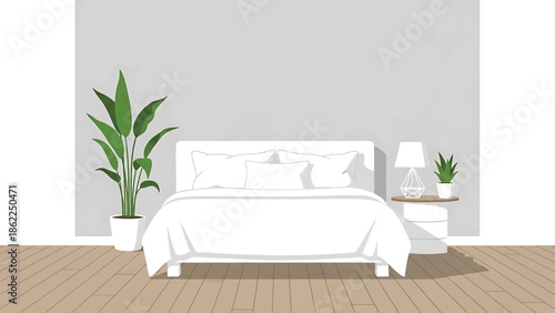 A minimalist bedroom illustration featuring a bed with white linens, wooden floor, a large plant, a bedside table, and a modern lamp