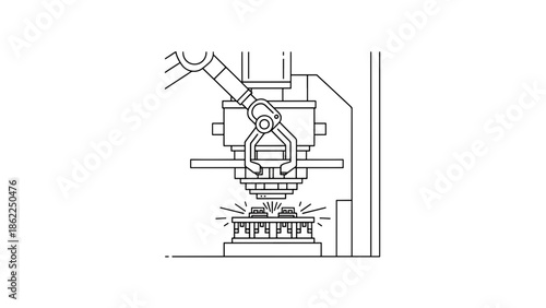 A linear representation depicts an automated industrial process. A robotic arm operates on two components, suggesting manufacturing or assembly. The machine features detail