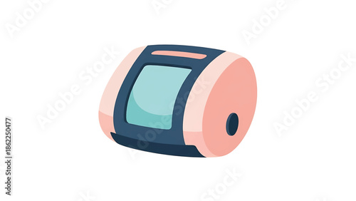 A medical device illustration in a minimalist style, featuring a screen and buttons. The device is a combination of pink and dark blue colors