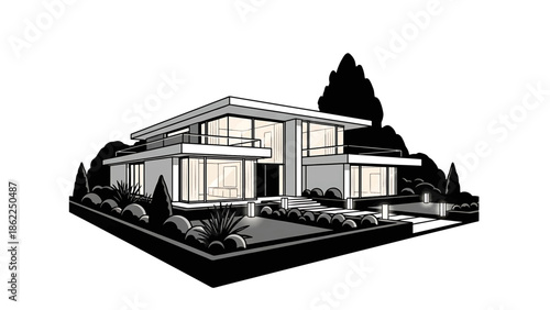 A modern, two-story house illustration with large windows, a flat roof, and surrounding landscaping. The grayscale art depicts an inviting home