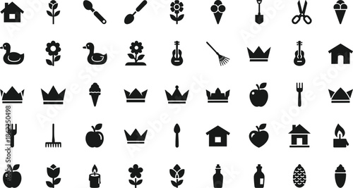 Black silhouette icon set of home, nature, food and everyday objects, simple flat symbols for user interface and graphic design use