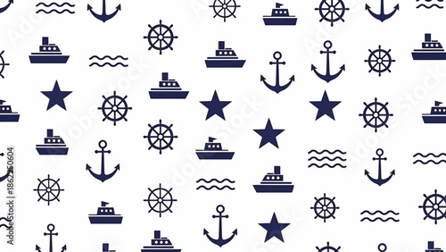 A nautical-themed pattern composed of repeated navy blue motifs, including anchors, ships, steering wheels, stars, and waves on white