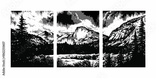 Dramatic monochrome mountain landscape split into three vertical panels