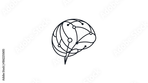 A line-art illustration of a brain formed from interconnected lines and nodes, symbolizing neural networks or cognitive processes. It sits on white background