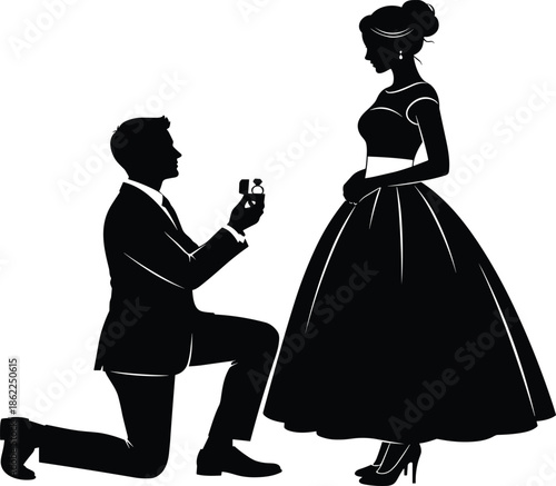 Elegant silhouette of man kneeling to propose with ring to woman in evening gown, romantic engagement and marriage concept illustration