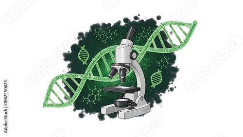 A medical illustration depicting a detailed microscope with a DNA double helix, set against a dark, cloudy background. Molecular structures are also visible
