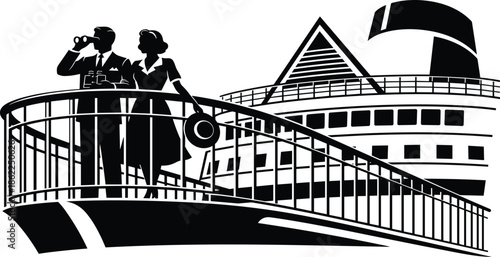 Elegant silhouette of couple standing on cruise ship deck, vintage travel, luxury vacation and ocean liner journey concept illustration