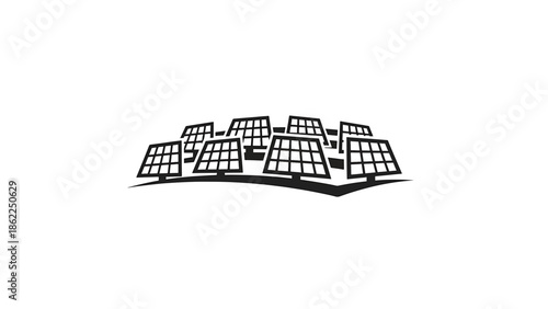 A monochrome illustration depicting a collection of photovoltaic panels arranged in a somewhat clustered configuration. The panels rest on a curved base