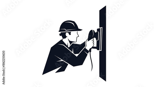 A monochrome illustration depicting a construction worker wearing a hard hat, operating a power sander on a wall. The image is clean and minimalistic