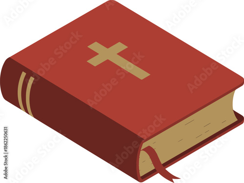 A red closed book with a golden cross on the cover and a bookmark, symbolizing faith, religion, and scripture, presented in a clean, illustrative style