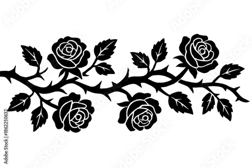 Black silhouette illustration of a thorny rose branch with leaves and blooming roses. Perfect for gothic designs, tattoos, borders, romantic art, botanical decorations, and dramatic visuals.