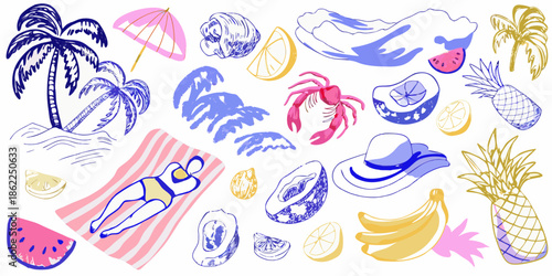 A colorful collection of summer themed doodles and illustrations on a white background