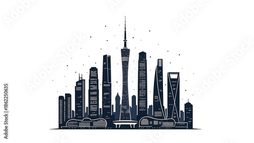 A monochrome illustration depicting a skyline with various high-rise buildings and a tall antenna tower against a white backdrop. Scattered dots create a star-like effect