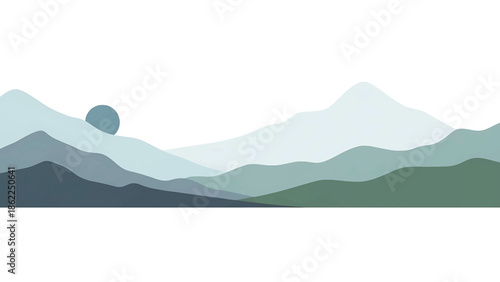 A minimalist landscape features overlapping mountain ranges in varying shades of green, blue, and grey, under a soft, circular celestial form