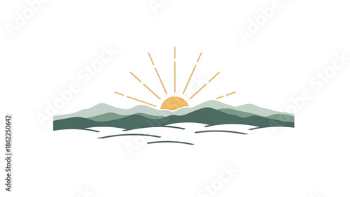 A minimalist landscape illustration depicts a rising sun over layered green mountains with a textured, artistic style against a white background