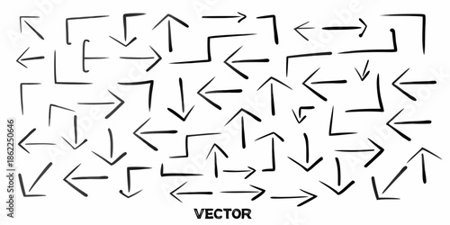 A collection of black arrows pointing in various directions on a white background
