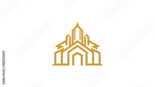 A minimalist, gold-colored line art representation of a building, likely a church or a similar structure, centered on white