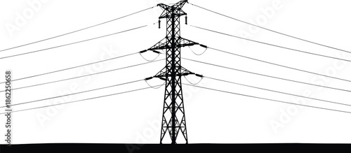 High voltage electricity transmission tower silhouette vector illustration with overhead power lines energy infrastructure isolated black industrial grid design concept