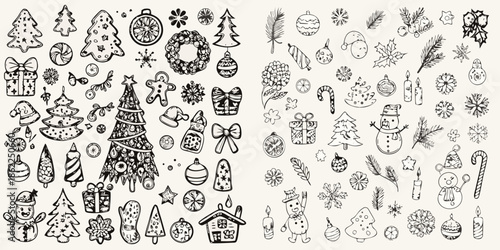 A charming collection of hand drawn christmas ornaments and festive holiday decorations