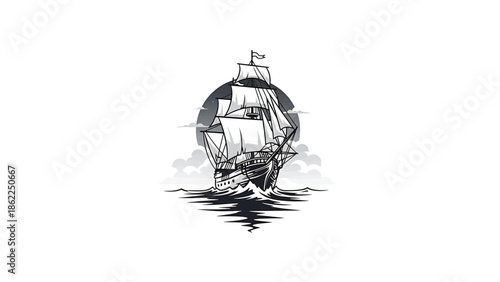 A monochrome illustration depicting a sailing ship navigating rough seas, set against a circular backdrop of clouds and sky