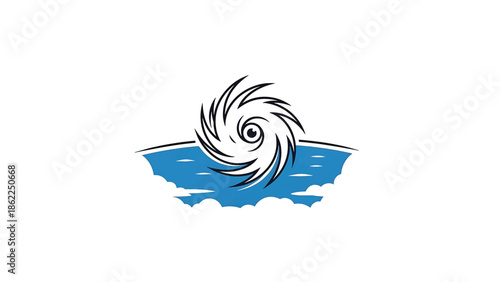 A monochrome illustration depicting a swirling vortex, above stylized waves and clouds, rendered in a rustic, textured style