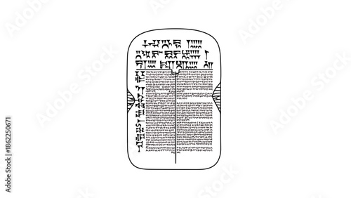 A monochrome illustration depicting an ancient, rectangular clay tablet with cuneiform script. The tablet is slightly curved. The image is on a white background